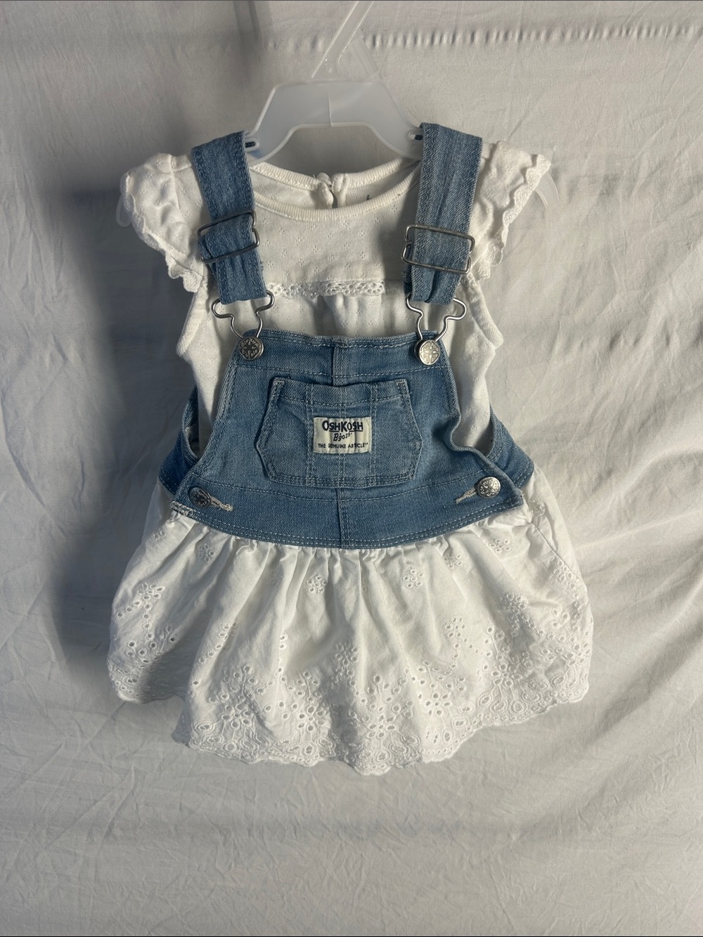 OshKosh B'gosh Blue Denim Overall Dress with White Eyelet Skirt